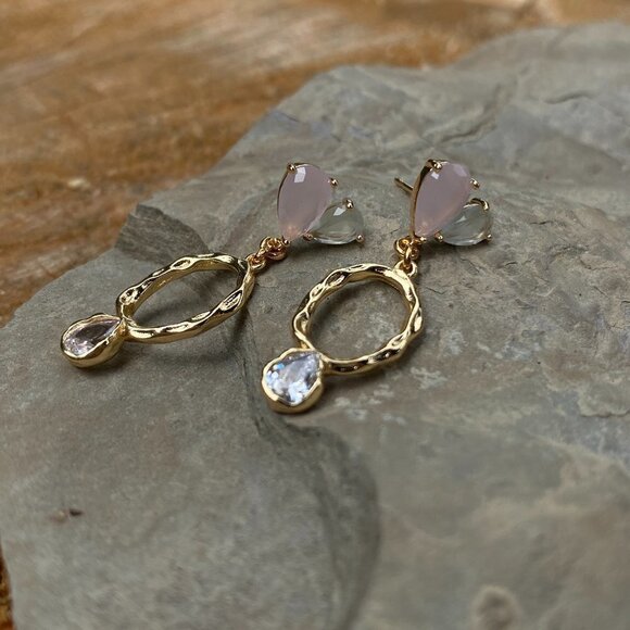 Plated Hammered Gold with Cubic Zircon Stone Stud Earrings - Picture 2 of 10